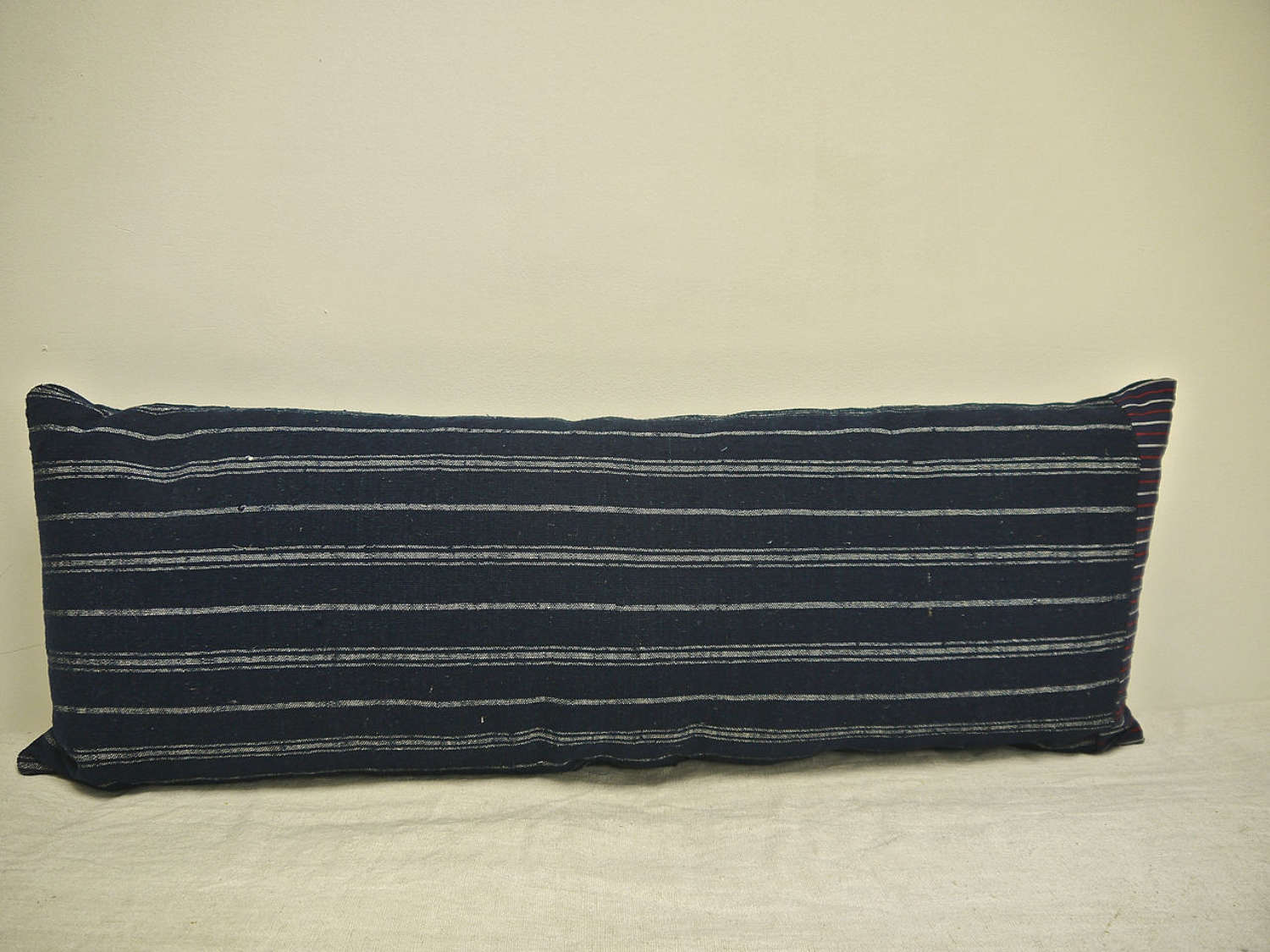 Indigo & White Striped Wool Linen Cushion French 19th Century