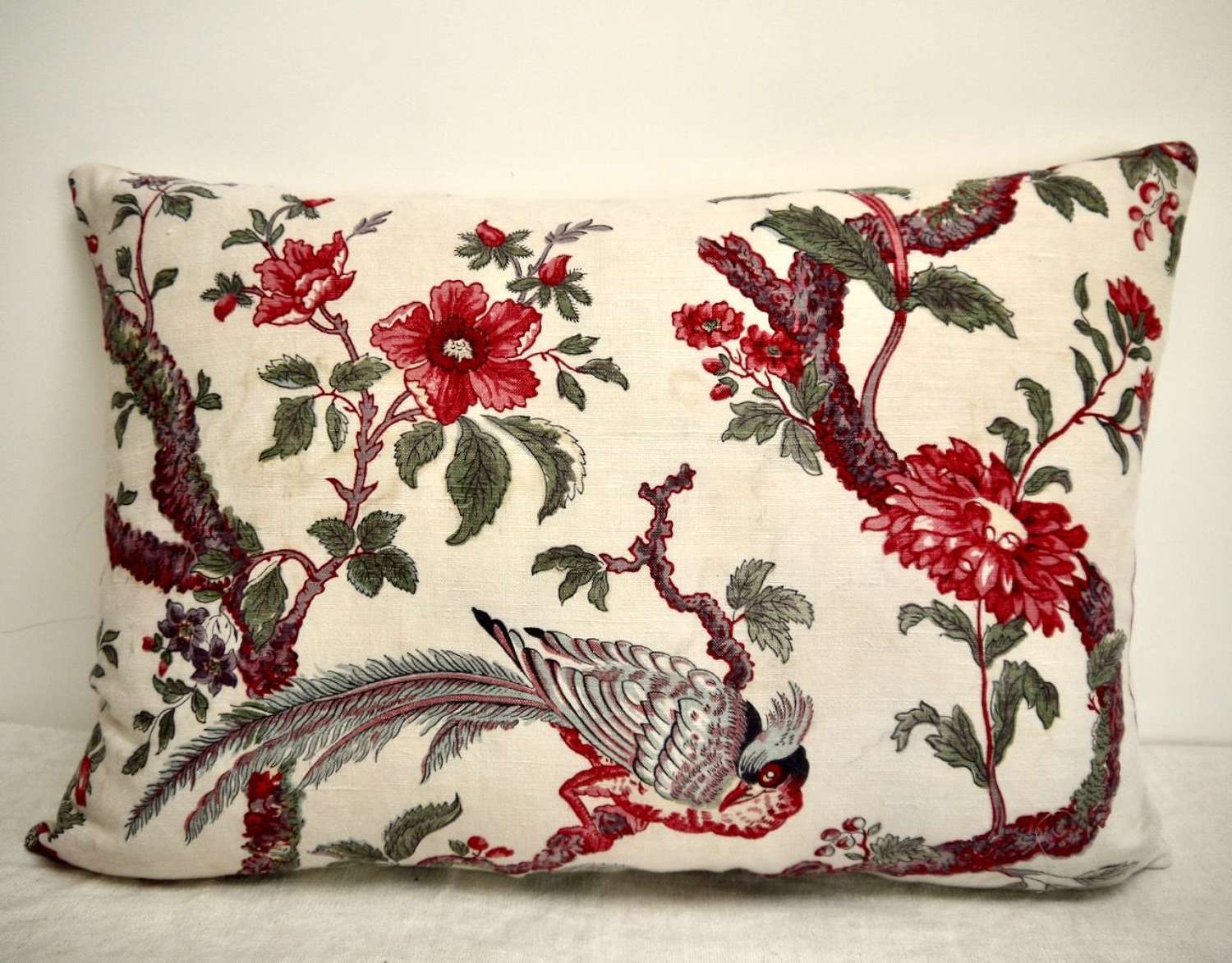 Feathered Bird Indienne Linen Cushion French 19th Century