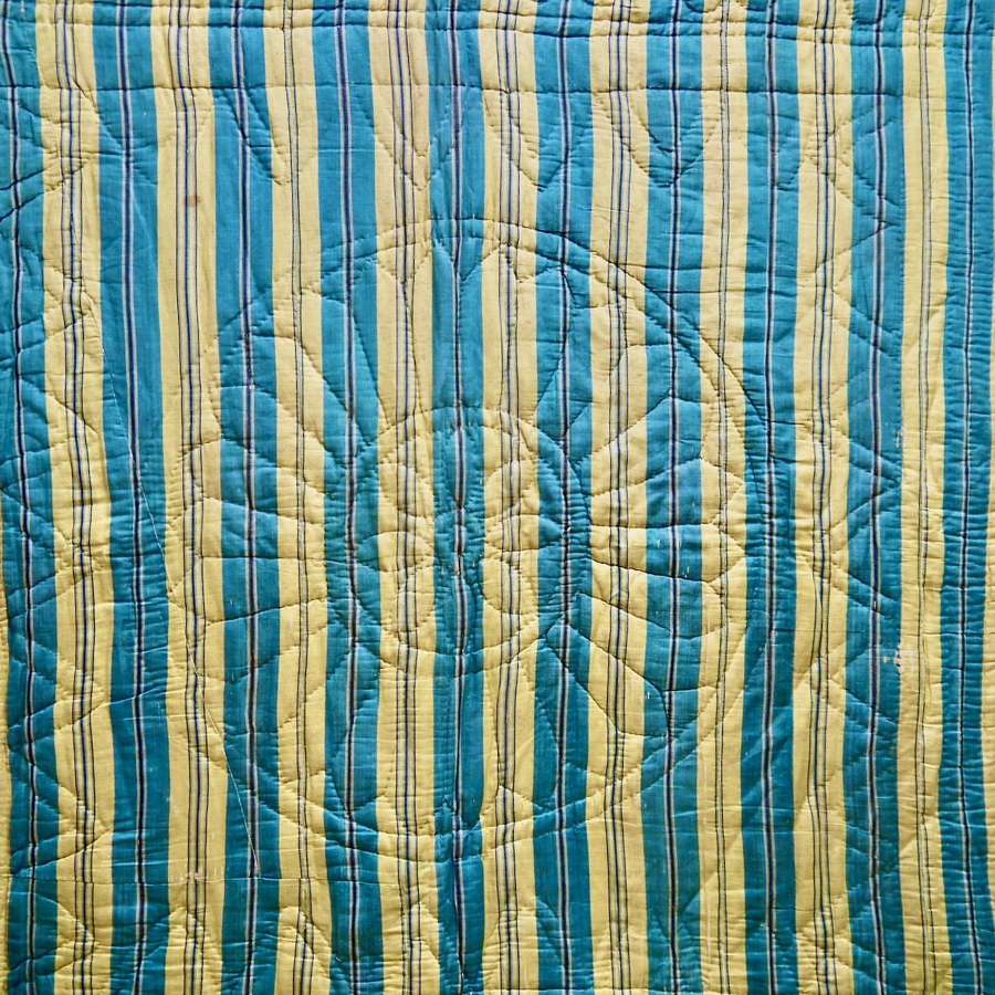 Blue & Yellow Striped Silk Quilt French 18th Century