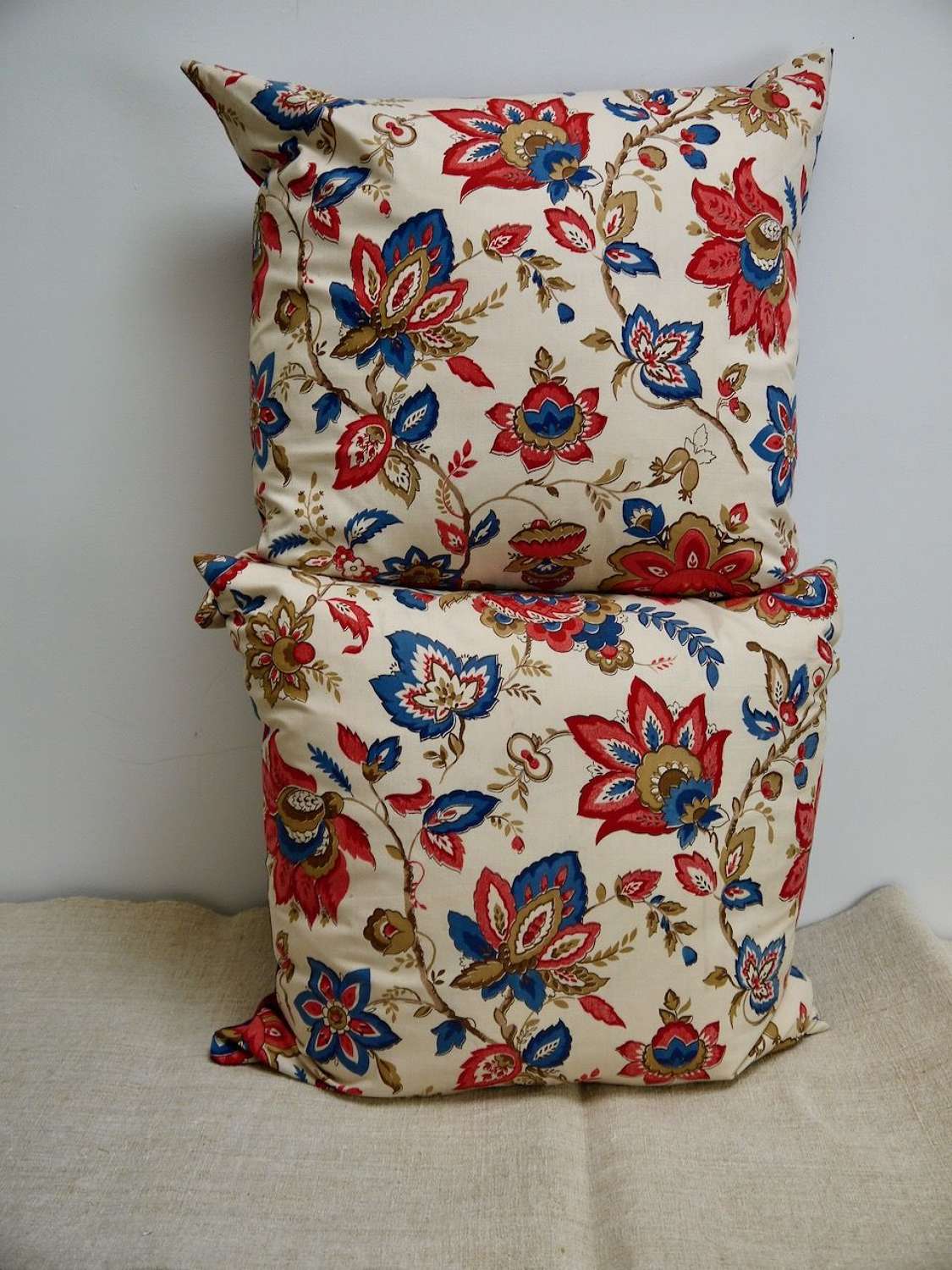 Pair of Red & Blues Indienne Cotton Cushions French c1940s