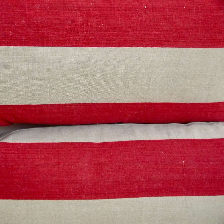 Pair of Red Striped Linen Cushions French Early 20th Century