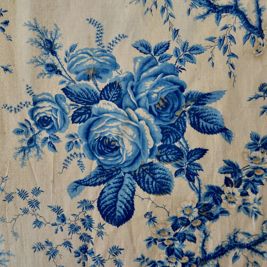 Blue Roses Chintz French 19th Century