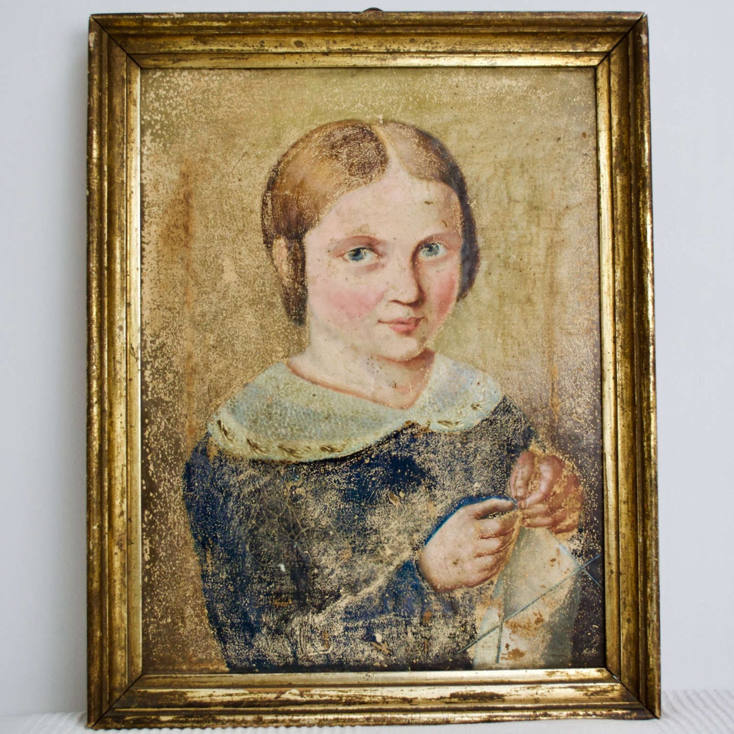 Painting of a Young Girl Knitting French 19th Century