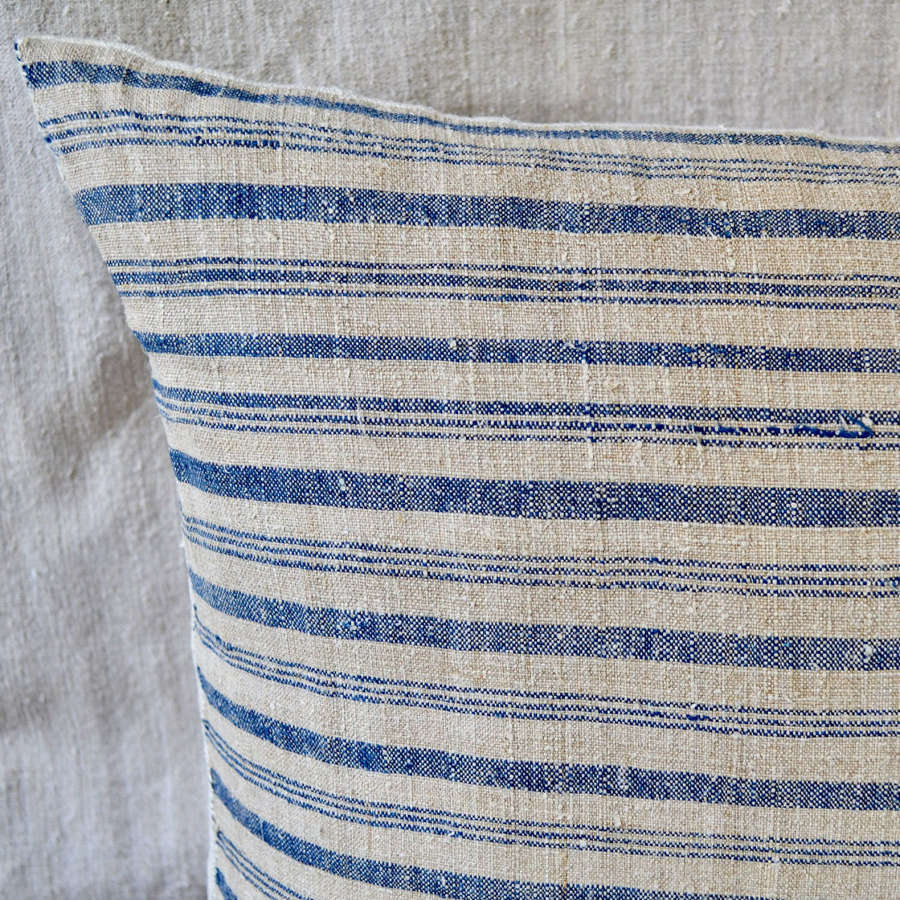 Indigo Stripe Linen Cushion French 19th Century