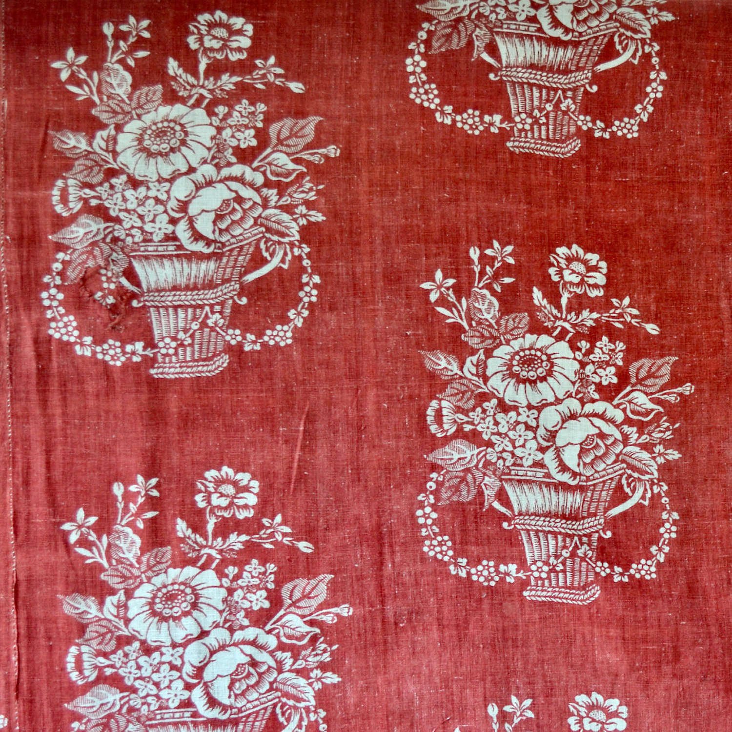 Madder Red Baskets of Flowers Textile French 18th Century