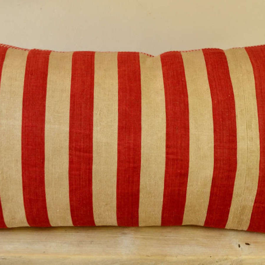 Red Striped Linen Cushion French 19th Century