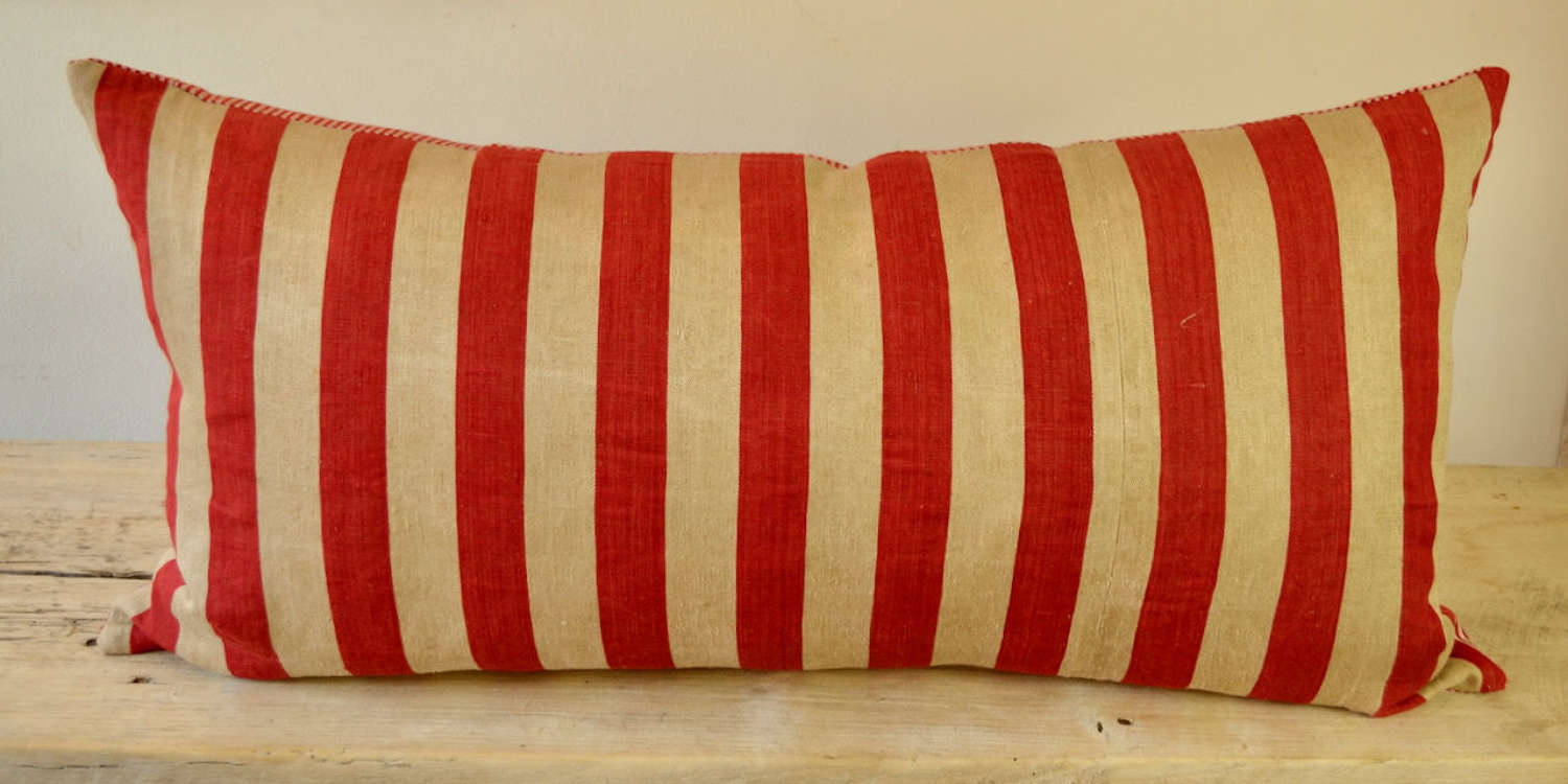Red Striped Linen Cushion French 19th Century