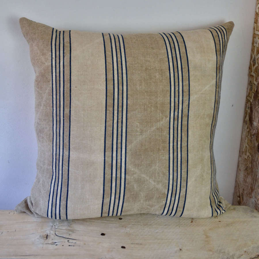 Indigo Striped Linen Cushion French 19th Century