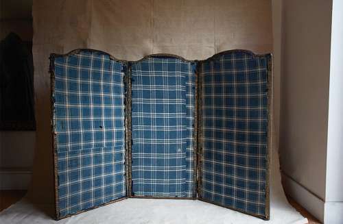 3 Fold Indigo Check Linen Screen French 18th Century