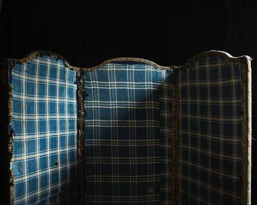 3 Fold Indigo Check Linen Screen French 18th Century