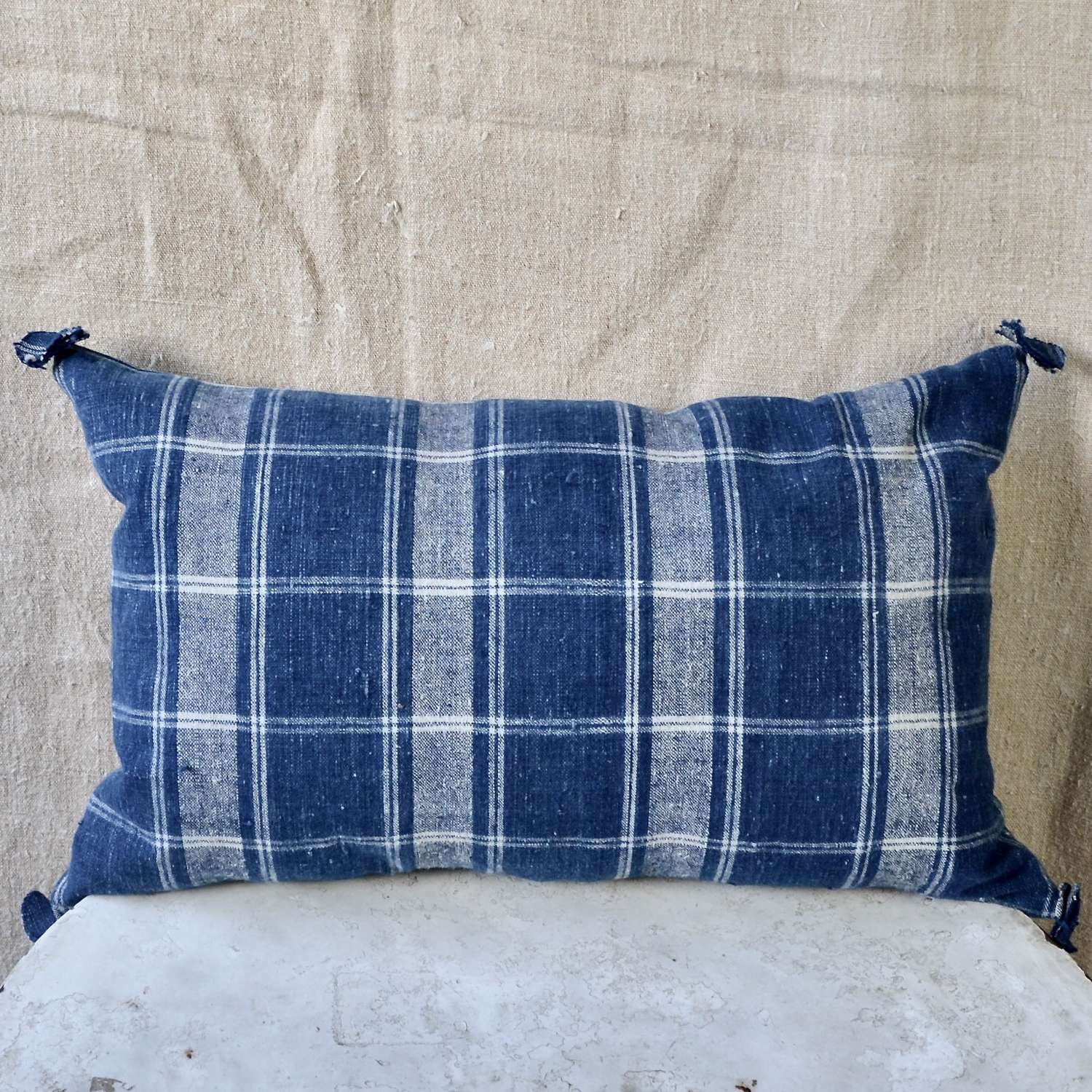 Indigo Large Scale Checks Linen Cushion French18th Century
