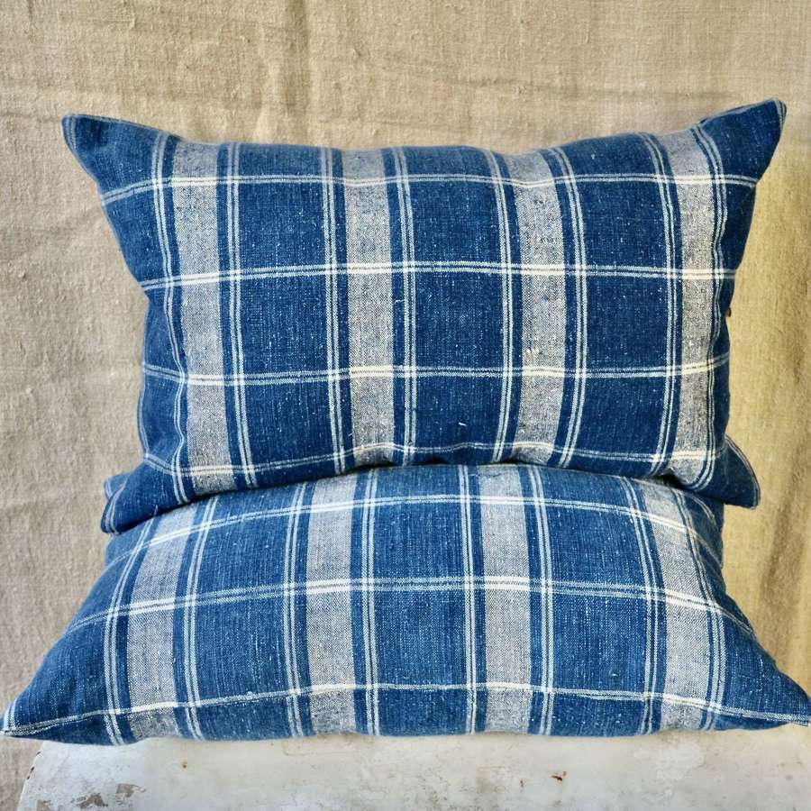 Indigo Large Scale Checks Linen Cushion French 18th Century