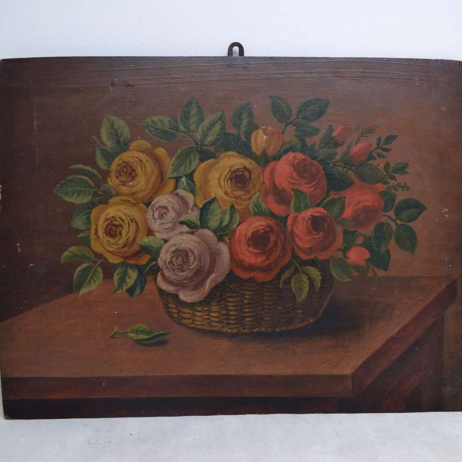 Basket of Roses Painting French 19th Century