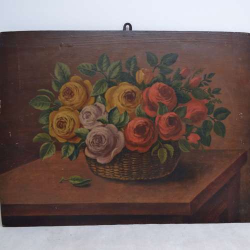 Basket of Roses Painting French 19th Century