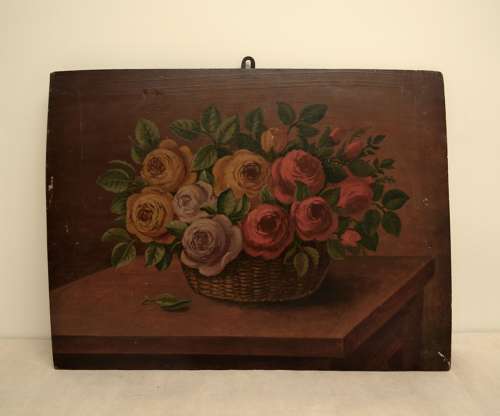 Basket of Roses Painting French 19th Century