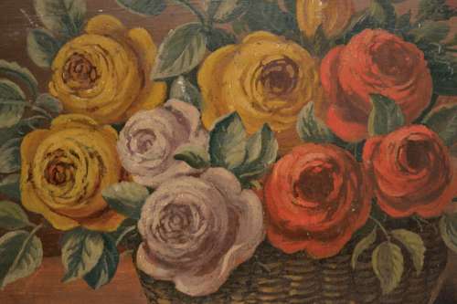 Basket of Roses Painting French 19th Century