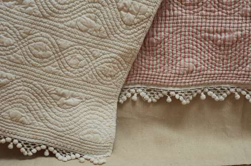 Red Striped Small Quilt With Bobbles French 19th Century