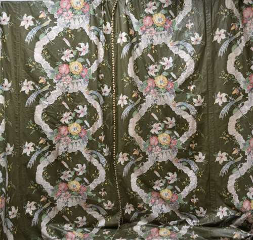 Pair of Green Chintz Curtains English Early 20th Century