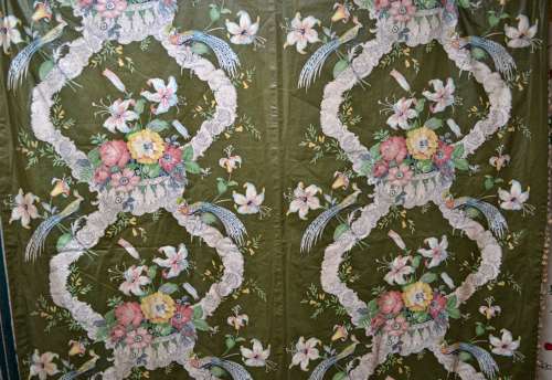 Pair of Green Chintz Curtains English Early 20th Century