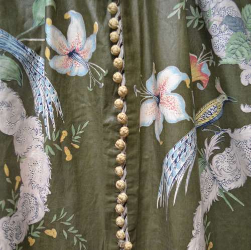 Pair of Green Chintz Curtains English Early 20th Century