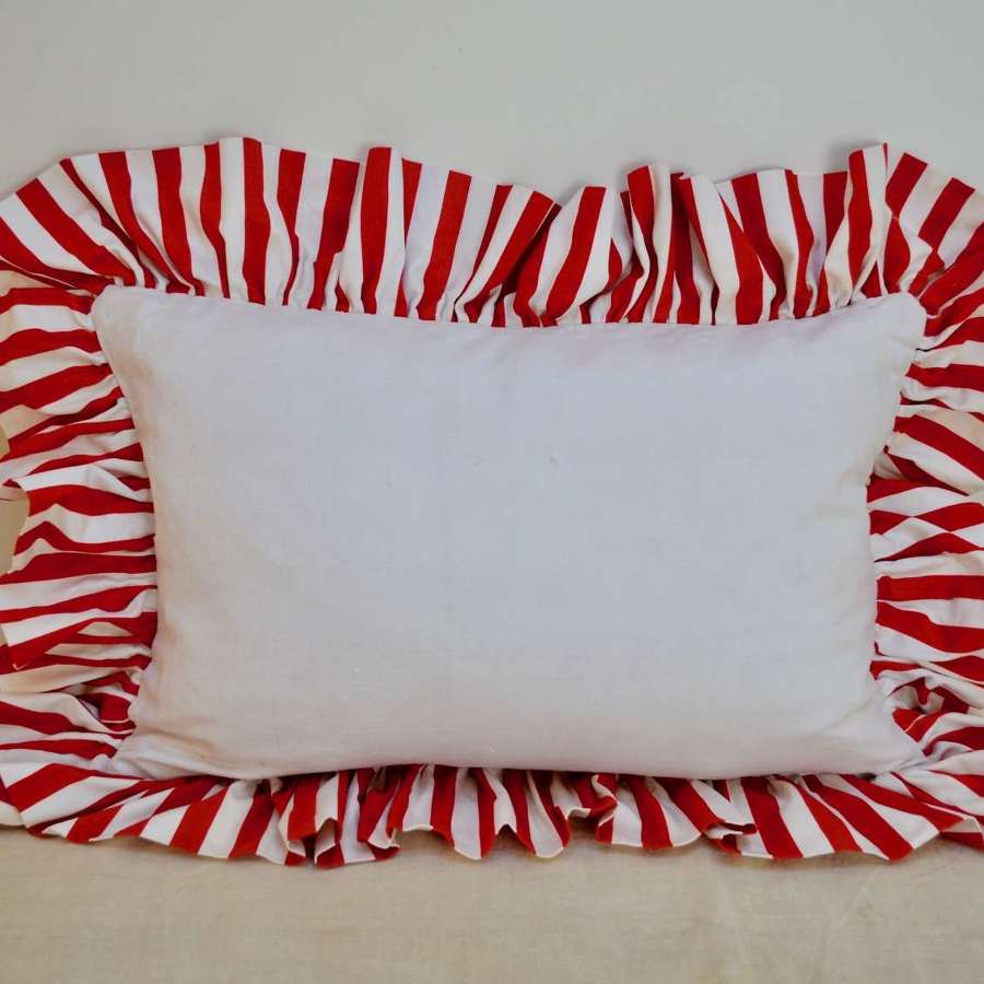 White Linen Cushion with a Red Frill French 19th Century