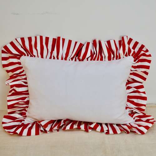 White Linen Cushion with a Red Frill French 19th Century