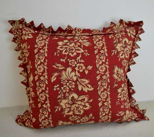 Cream Flowers on Red Cotton Cushion French 19th Century