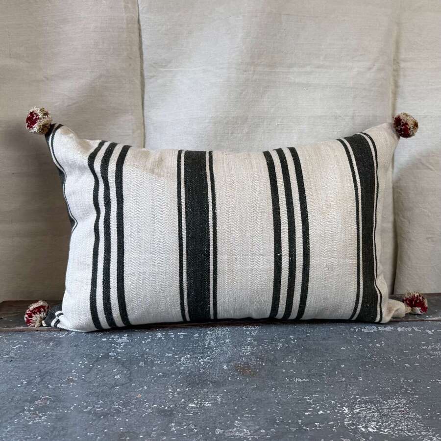 Dark Charcoal Grey Stripe Hemp Cushion French 19th Century