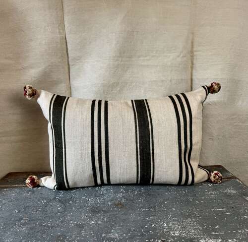 Dark Charcoal Grey Stripe Hemp Cushion French 19th Century