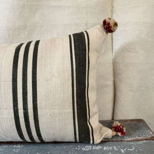 Dark Charcoal Grey Stripe Hemp Cushion French 19th Century
