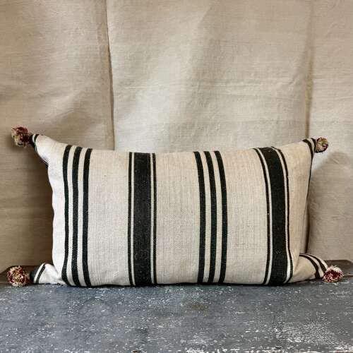 Dark Charcoal Grey Stripe Hemp Cushion French 19th Century
