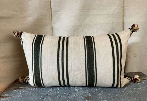 Dark Charcoal Grey Stripe Hemp Cushion French 19th Century