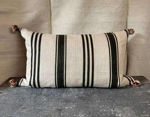 Dark Charcoal Grey Stripe Hemp Cushion French 19th Century