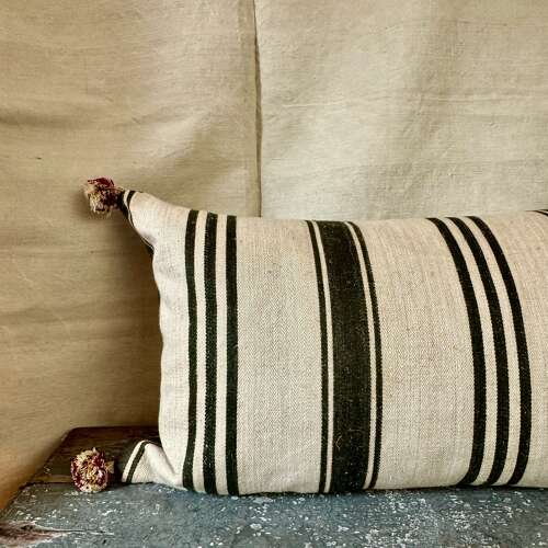 Dark Charcoal Grey Stripe Hemp Cushion French 19th Century