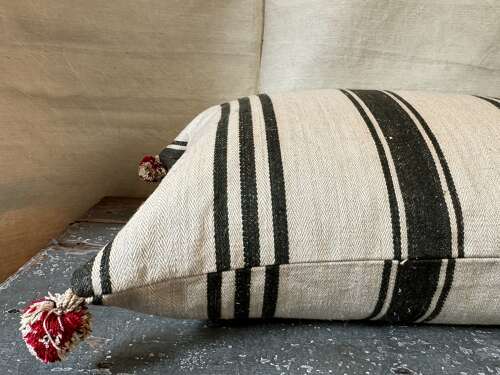Dark Charcoal Grey Stripe Hemp Cushion French 19th Century