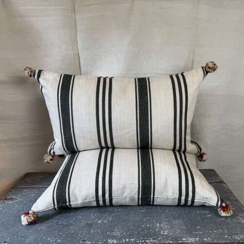 Dark Charcoal Grey Stripe Hemp Cushion French 19th Century