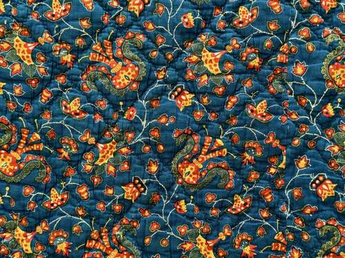 Indigo & Saffron Yellow Block Printed Quilt French 19th Century