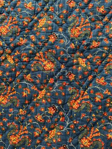 Indigo & Saffron Yellow Block Printed Quilt French 19th Century