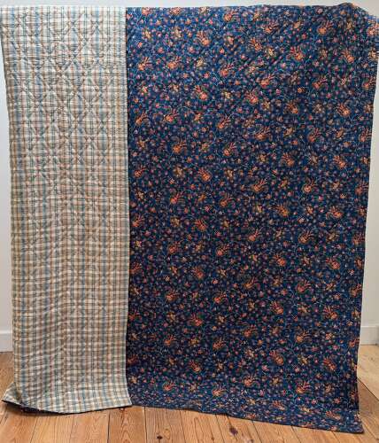 Indigo & Saffron Yellow Block Printed Quilt French 19th Century