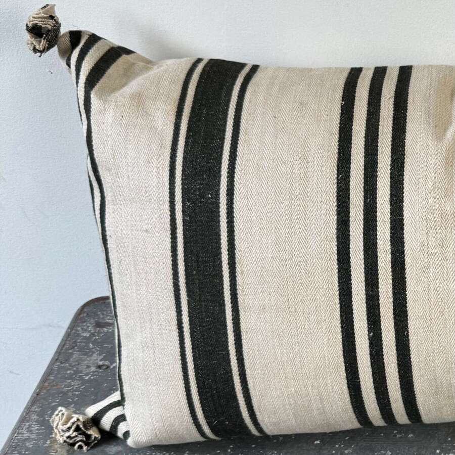 Dark Grey/Black Striped Hemp Cushion French 19th Century