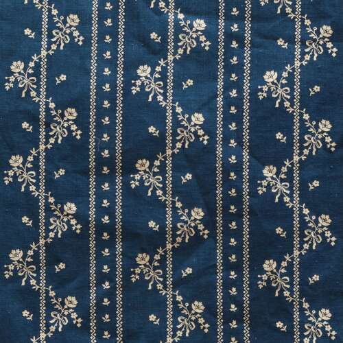 Indigo Floral Stripe Printed Cotton French 19th Century