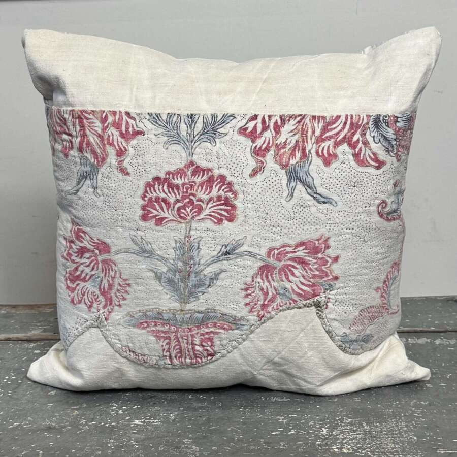 Tulips Block Printed Cotton Cushion French 18th Century