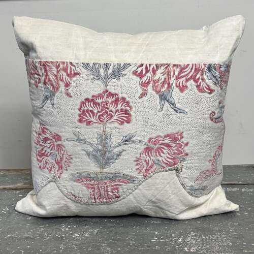 Tulips Block Printed Cotton Cushion French 18th Century