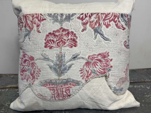 Tulips Block Printed Cotton Cushion French 18th Century